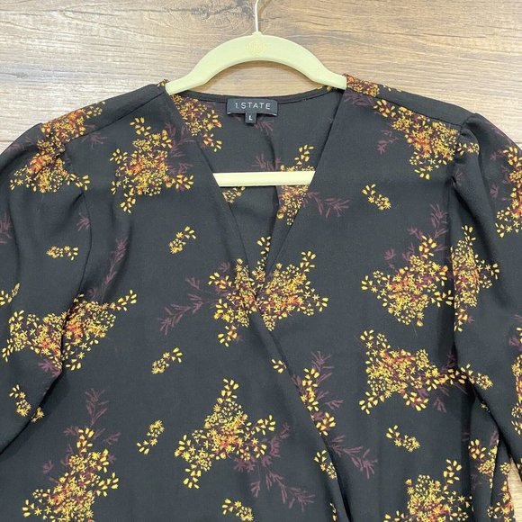 1. STATE Top Womens L Wild Country Blooms Peplum Blouse Wrap Floral V-Neck Black - Picture 2 of 14